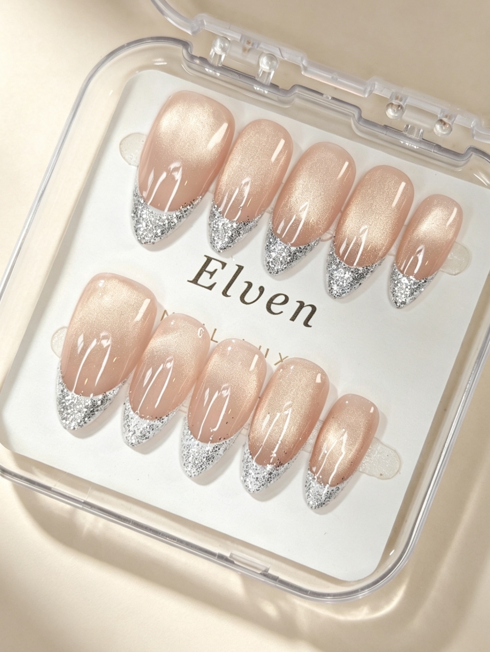 Silver and Cream Cat Eye Handmade Press-On Nails Almond Shape